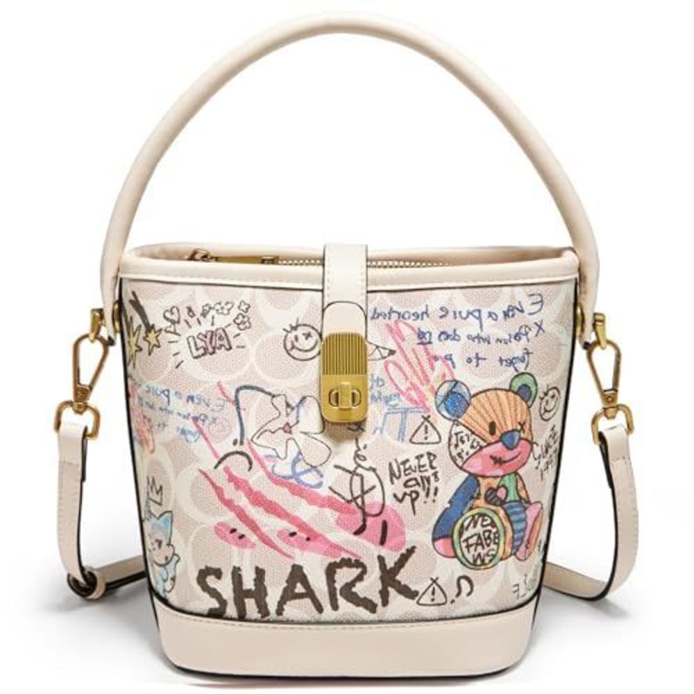 Summer Fabric Small Bucket Bag – Simple Ladies Crossbody Shoulder Purse (White)